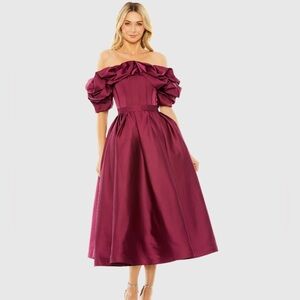 BRAND NEW MAC Duggal. Plum/wine OFF THE SHOULDER TEA LENGTH GOWN
